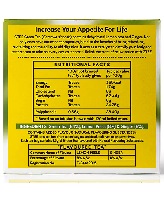 GTEE Green Tea - Lemon & Ginger, 10 Tea Bags